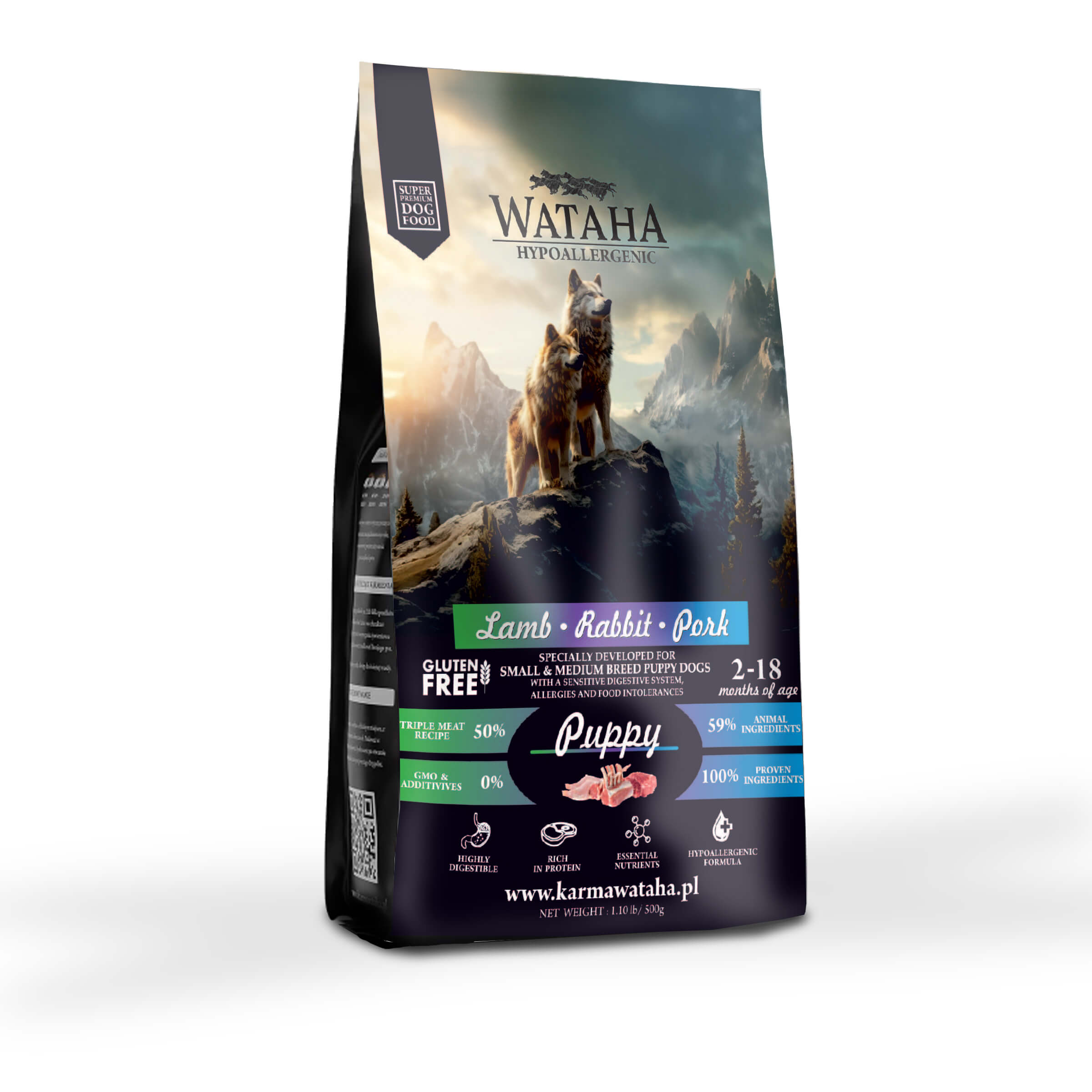 WATAHA HYPOALLERGENIC KARMA SUCHA DLA SZCZENIĄT MAŁYCH RAS JGNIĘCINA Z WIEPRZOWINĄ, KRÓLIKIEM I RYŻEM 500G