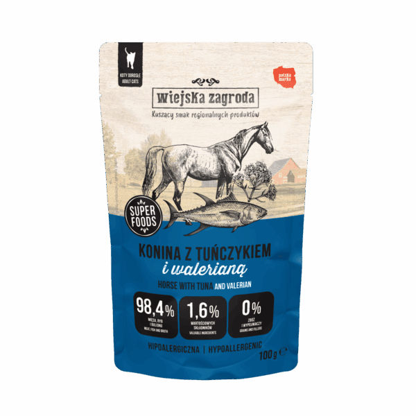 Karma mokra dla kota Wiejska Zagroda Konina z tuńczykiem i walerianą (dorosły) 100g