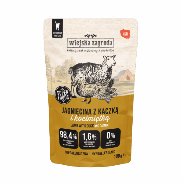 Karma mokra dla kota Wiejska Zagroda Jagnięcina z kaczką i kocimiętką (dorosły) 100g