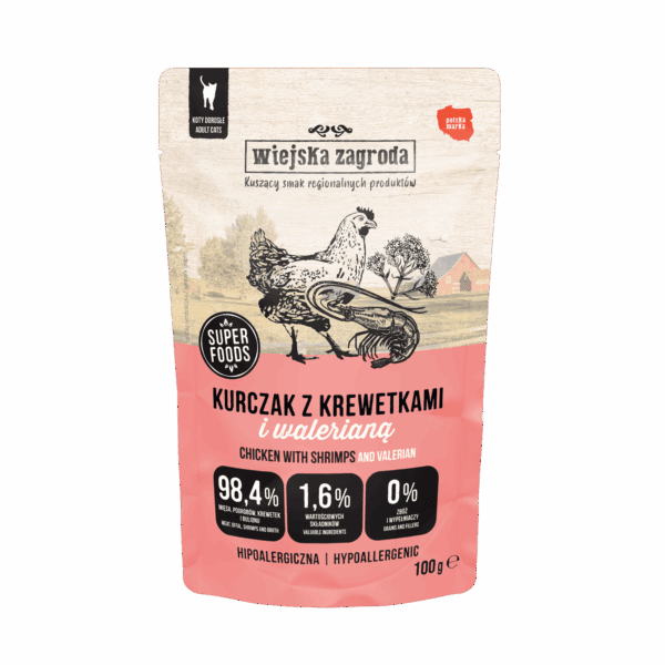 Karma mokra dla kota Wiejska Zagroda Kurczak z krewetkami i walerianą (dorosły) 100g